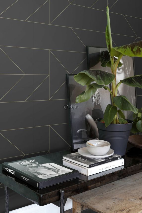Fekete geometrikus vlies tapéta, arany vonalak 347726, City Chic, Origin 