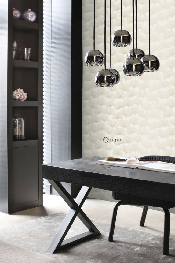 Krémes vlies tapéta, fémes Ginkgo levelek 347730, City Chic, Origin 