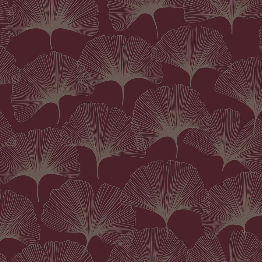 Borvörös vlies tapéta, ezüst Ginkgo levelek 347732, City Chic, Origin 