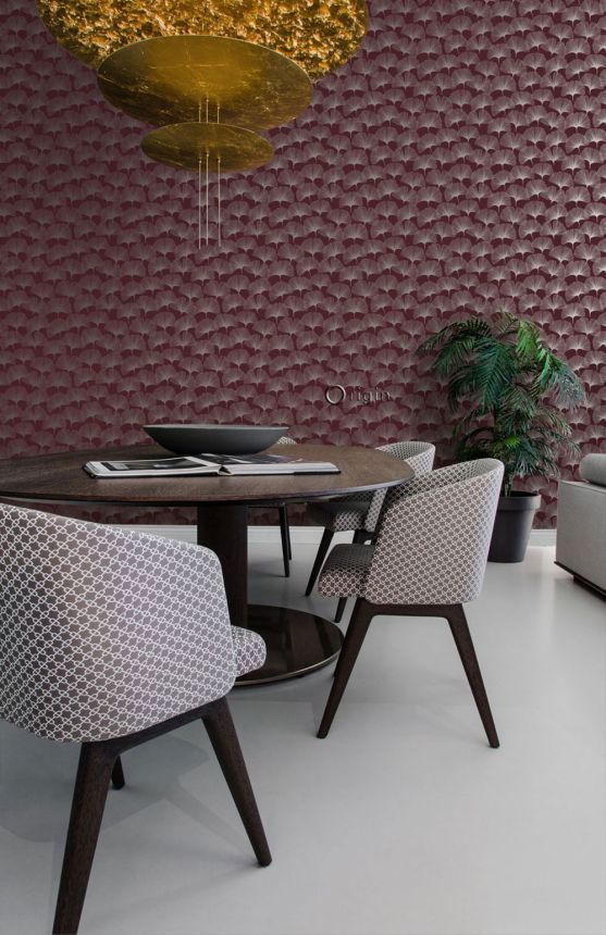 Borvörös vlies tapéta, ezüst Ginkgo levelek 347732, City Chic, Origin 