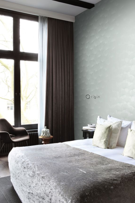 Fémes zöld vlies tapéta, Ginkgo levelek matt körvonalai 347748, City Chic, Origin 