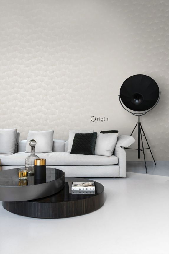 Fémes aranybézs vlies tapéta, Ginkgo levelek matt körvonalai 347749, City Chic, Origin 
