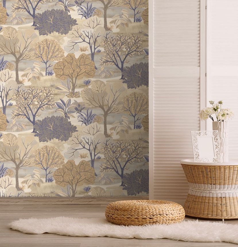 Kék-bézs vlies tapéta, fák, AL26250, Allure, Decoprint