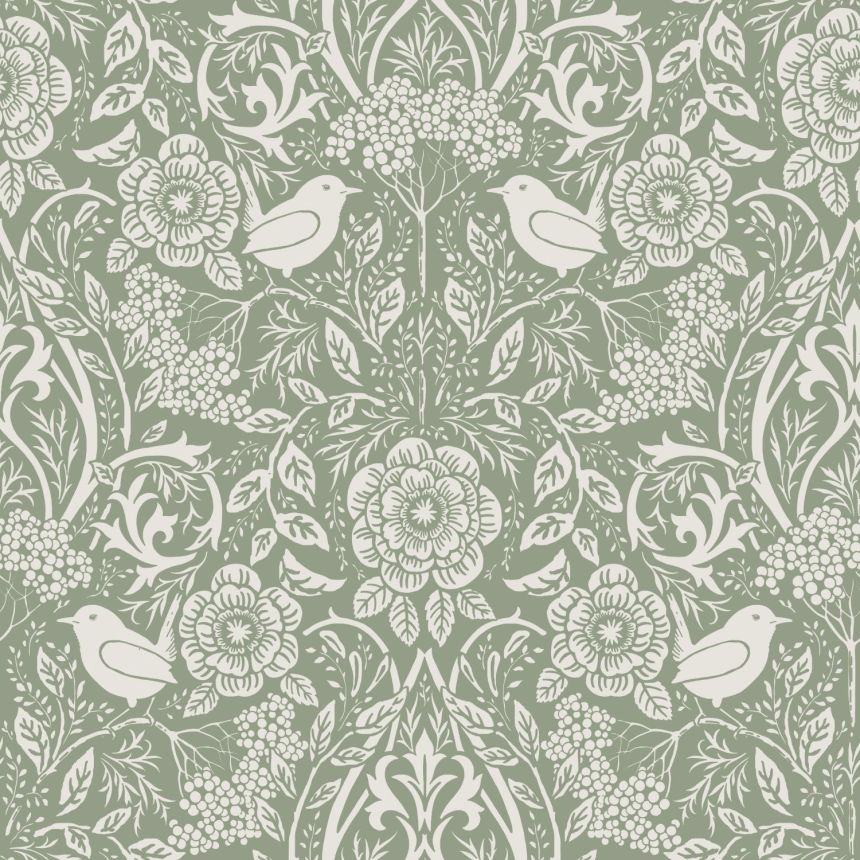 Zöld vlies tapéta növényekkel és madarakkal, 139293, Vintage Flowers, Esta Home