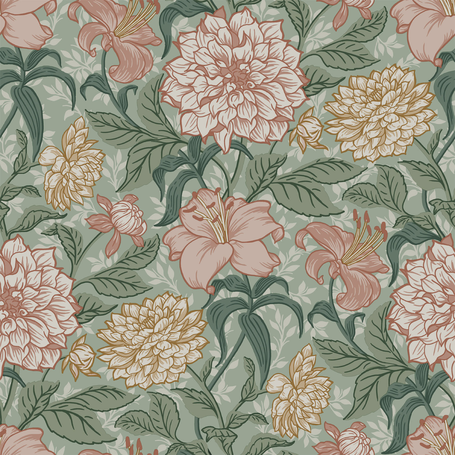 Zöld vlies tapéta virágokkal, 139378, Vintage Flowers, Esta Home