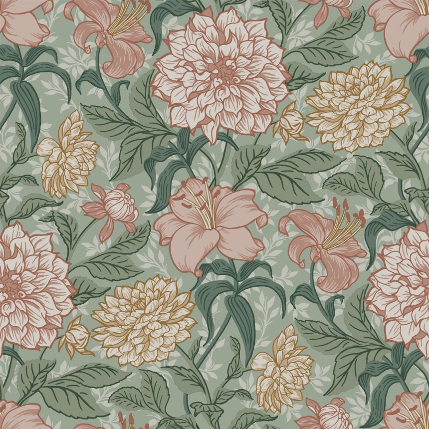 Zöld vlies tapéta virágokkal, 139378, Vintage Flowers, Esta Home