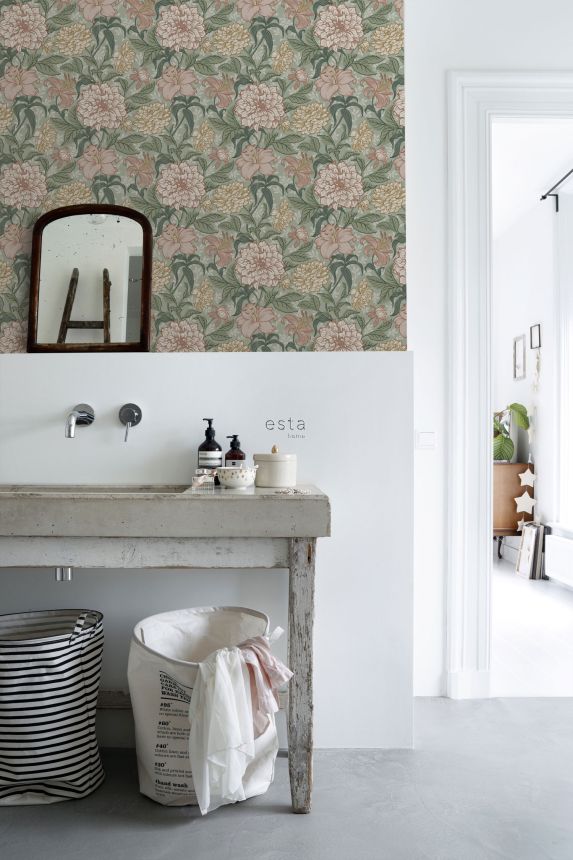 Zöld vlies tapéta virágokkal, 139378, Vintage Flowers, Esta Home