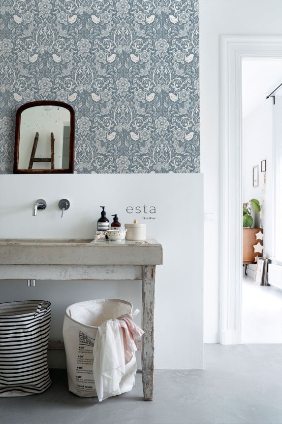 Kék vlies tapéta növényekkel és madarakkal, 139477, Vintage Flowers, Esta Home
