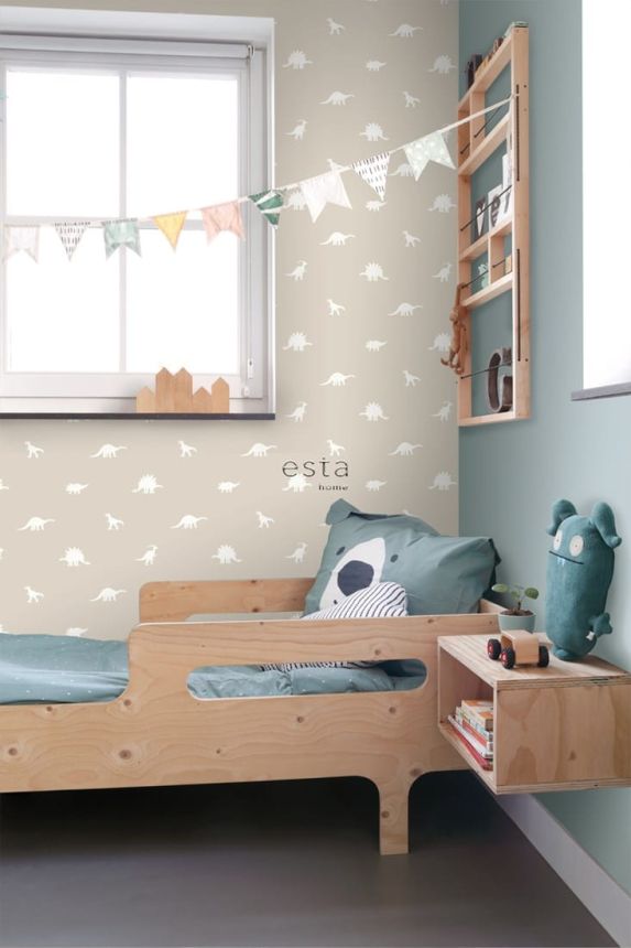 Bézs színű gyerek vlies tapéta dinoszauruszokkal 139508, To the Moon and Back, Esta Home