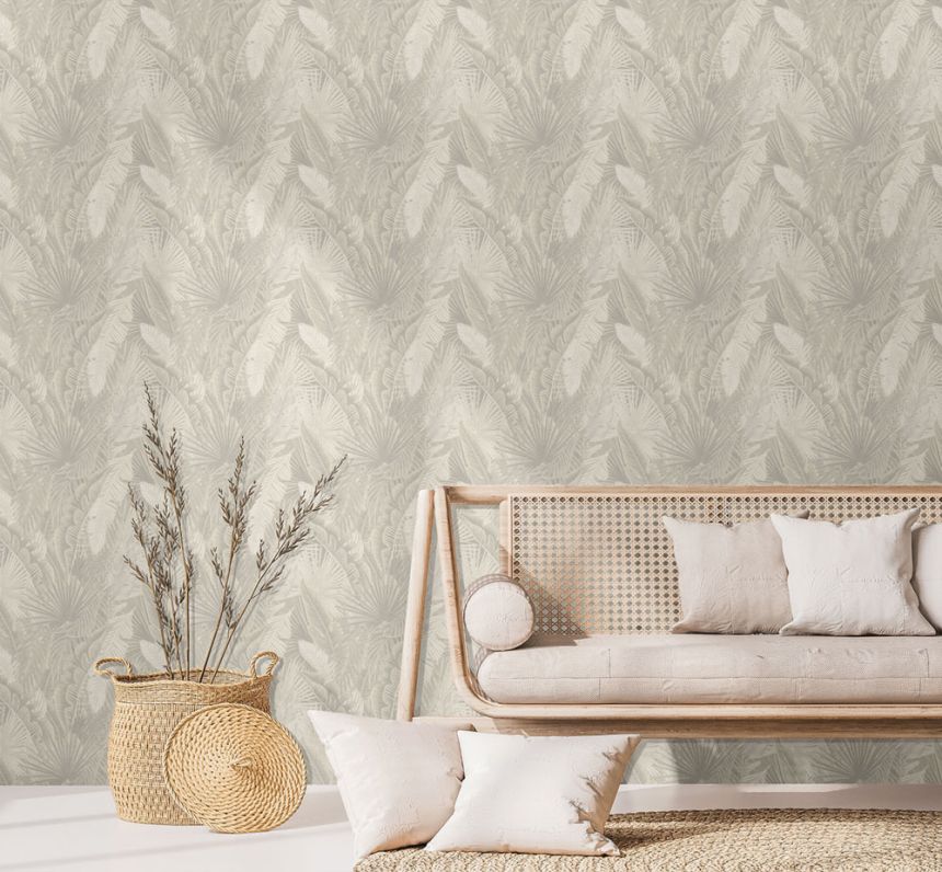 Vlies tapéta, szürke-krém, levelek, NHW1015, Perla, Decoprint