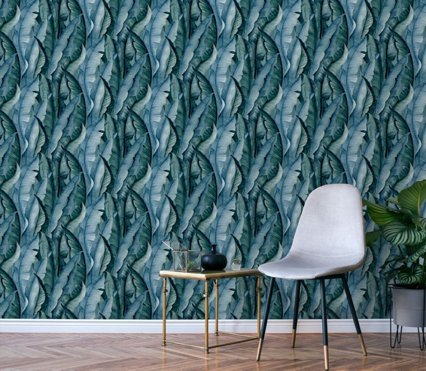 Vlies tapéta, kék-zöld, levelek, NHW1040, Perla, Decoprint