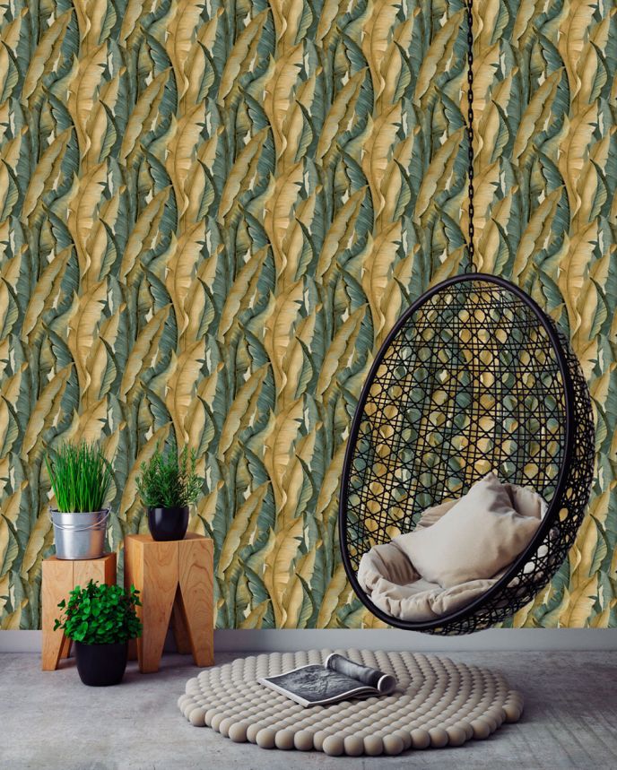 Vlies tapéta, okker-kék, levelek, NHW1041, Perla, Decoprint