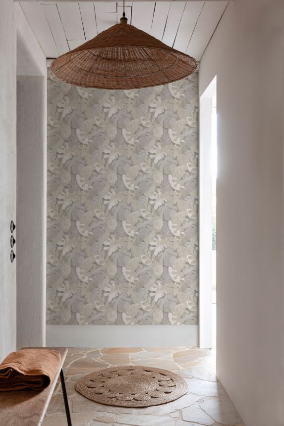 Vlies tapéta, szürke-bézs, levelek, PH3004, Perfect Harmony, Grandeco