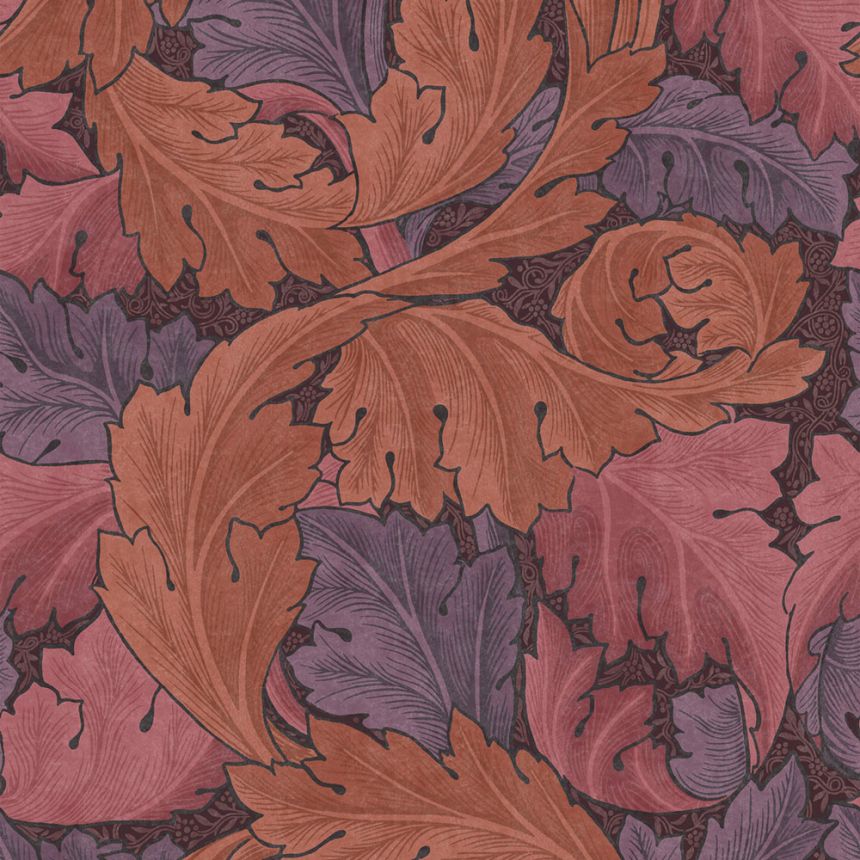 Vlies tapéta, piros-lila, levelek, 124223, William Morris At Home