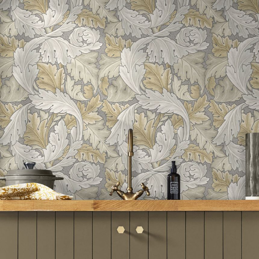 Vlies tapéta, szürke-bézs, levelek, 124226, William Morris At Home