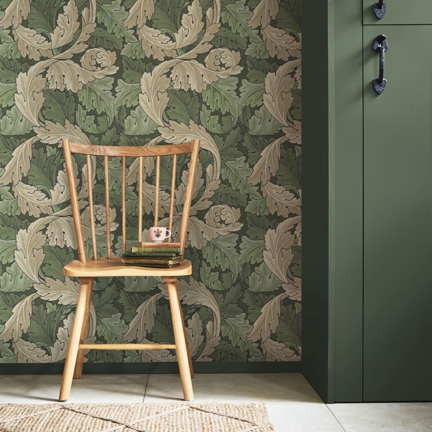 Vlies tapéta, zöld-bézs, levelek, 124227, William Morris At Home