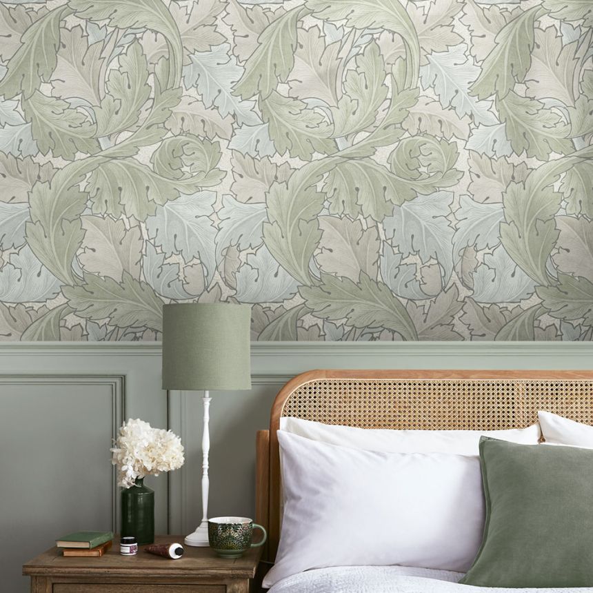 Vlies tapéta, kék-zöld, levelek, 124228, William Morris At Home