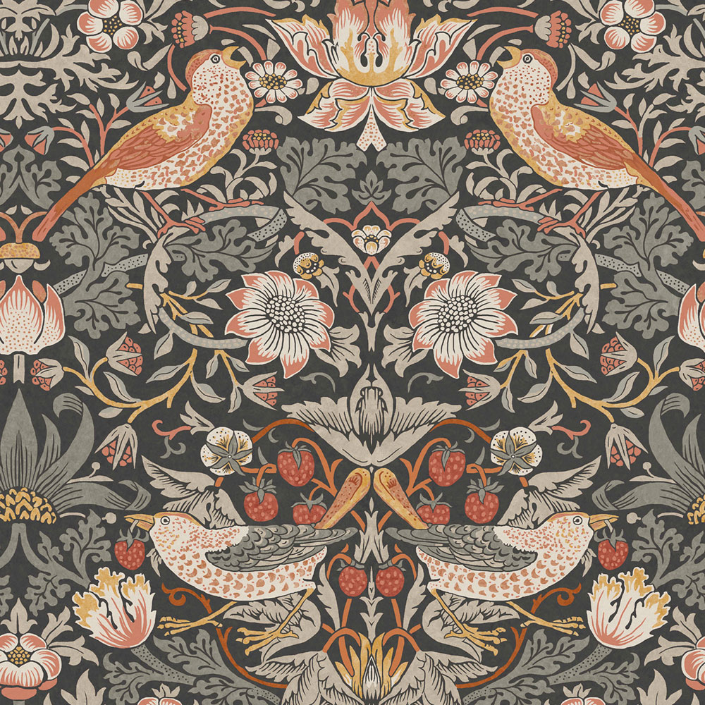 Vlies tapéta, szürke-fekete, virágok, madarak, 124230, William Morris At Home