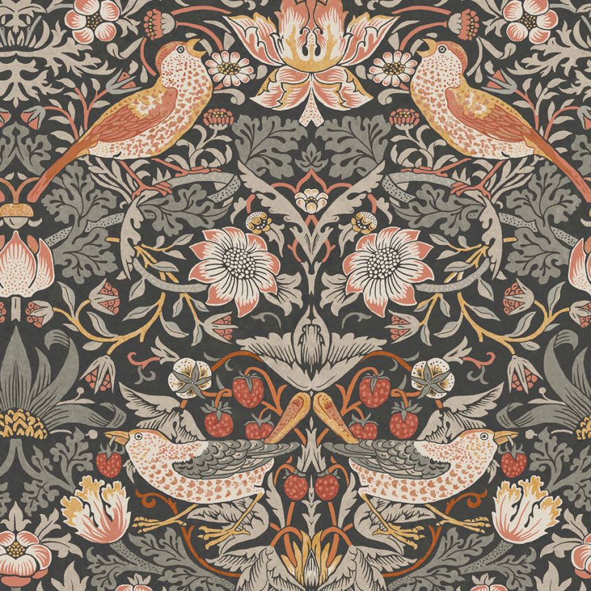 Vlies tapéta, szürke-fekete, virágok, madarak, 124230, William Morris At Home