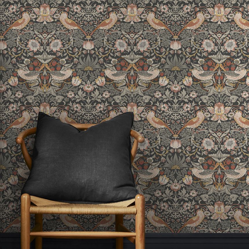 Vlies tapéta, szürke-fekete, virágok, madarak, 124230, William Morris At Home