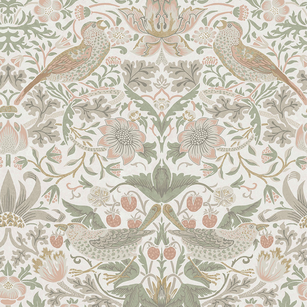 Vlies tapéta, zöld-rózsaszín, virágok, madarak, 124233, William Morris At Home