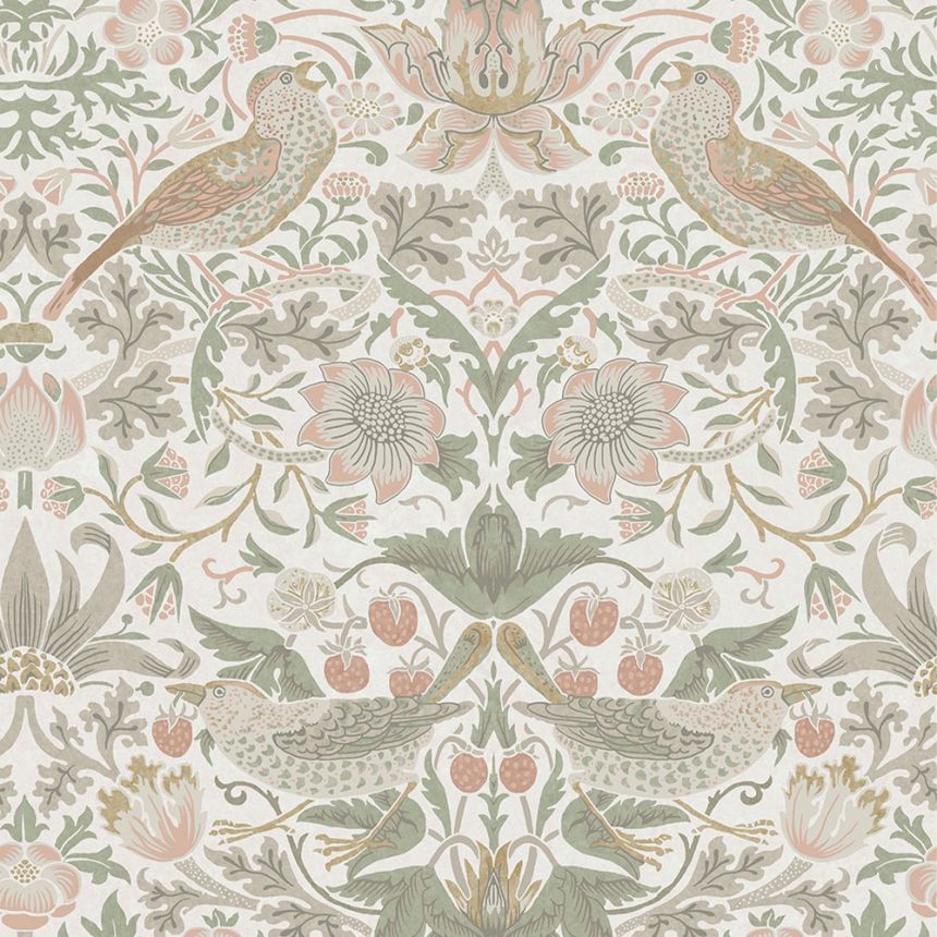 Vlies tapéta, zöld-rózsaszín, virágok, madarak, 124233, William Morris At Home