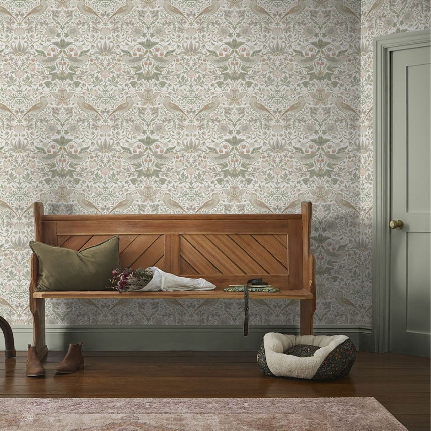 Vlies tapéta, zöld-rózsaszín, virágok, madarak, 124233, William Morris At Home