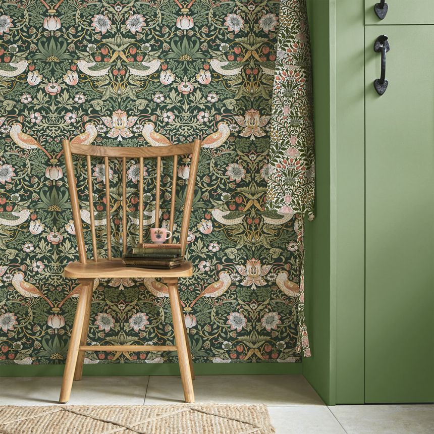 Vlies tapéta, zöld, virágok, madarak, 124234, William Morris At Home