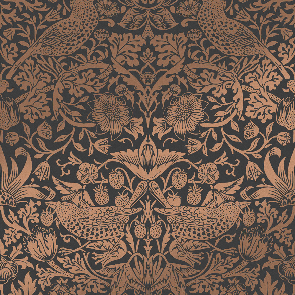 Vlies tapéta, fekete-bronz, virágok, madarak, 124236, William Morris At Home