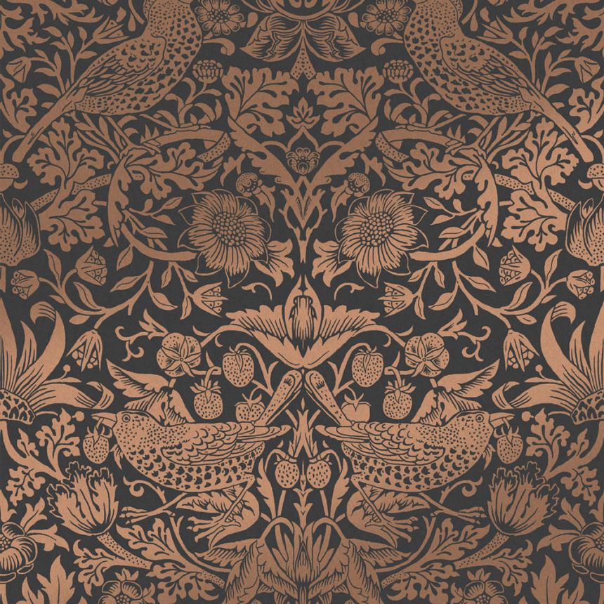 Vlies tapéta, fekete-bronz, virágok, madarak, 124236, William Morris At Home
