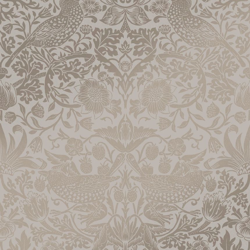 Vlies tapéta, szürke-bézs, virágok, madarak, 124238, William Morris At Home