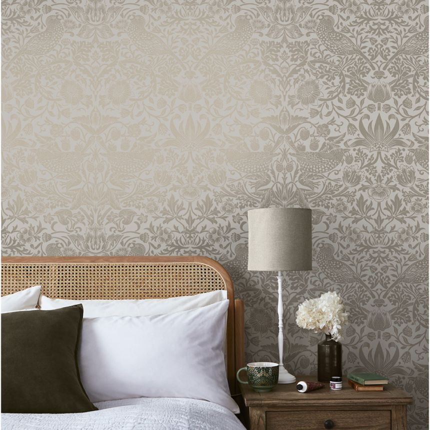 Vlies tapéta, szürke-bézs, virágok, madarak, 124238, William Morris At Home