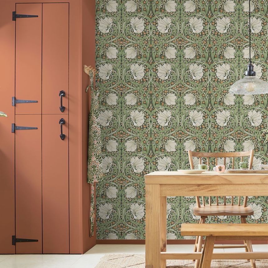 Vlies tapéta, zöld-bézs, virágok, 124242, William Morris At Home