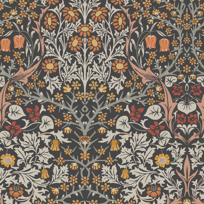 Vlies tapéta, szürke-fekete, virágok, levelek, 124250, William Morris At Home
