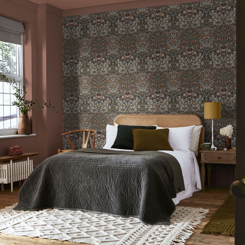 Vlies tapéta, szürke-fekete, virágok, levelek, 124250, William Morris At Home