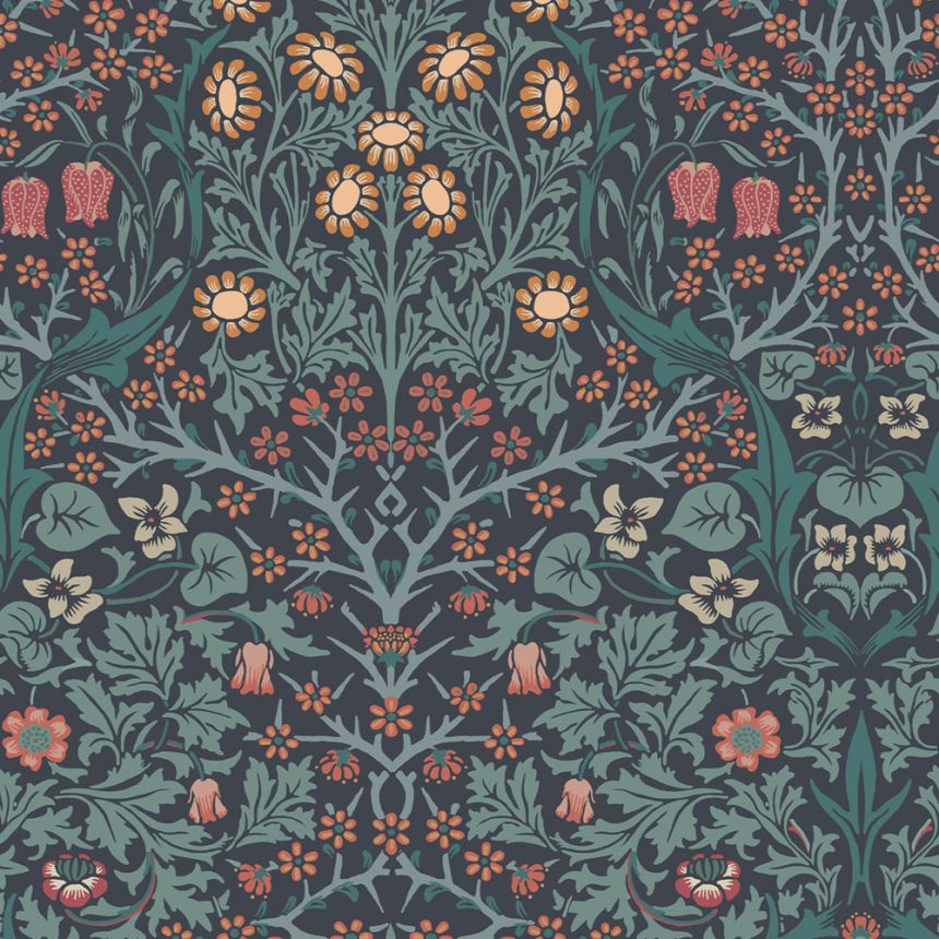 Vlies tapéta, kék, virágok, levelek, 124251, William Morris At Home
