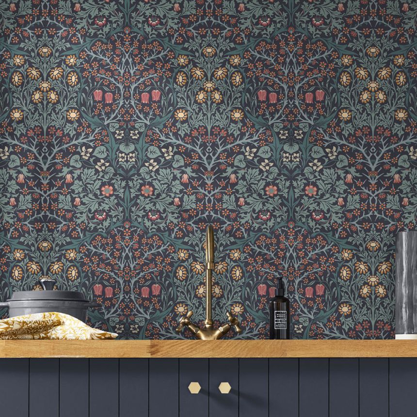 Vlies tapéta, kék, virágok, levelek, 124251, William Morris At Home