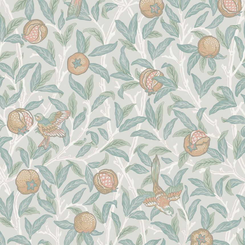 Vlies tapéta, kék-zöld, gallyak, madarak, 124261, William Morris At Home