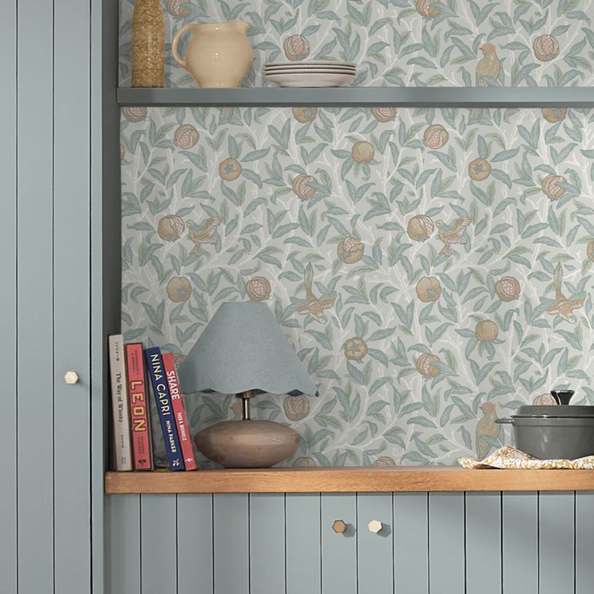 Vlies tapéta, kék-zöld, gallyak, madarak, 124261, William Morris At Home