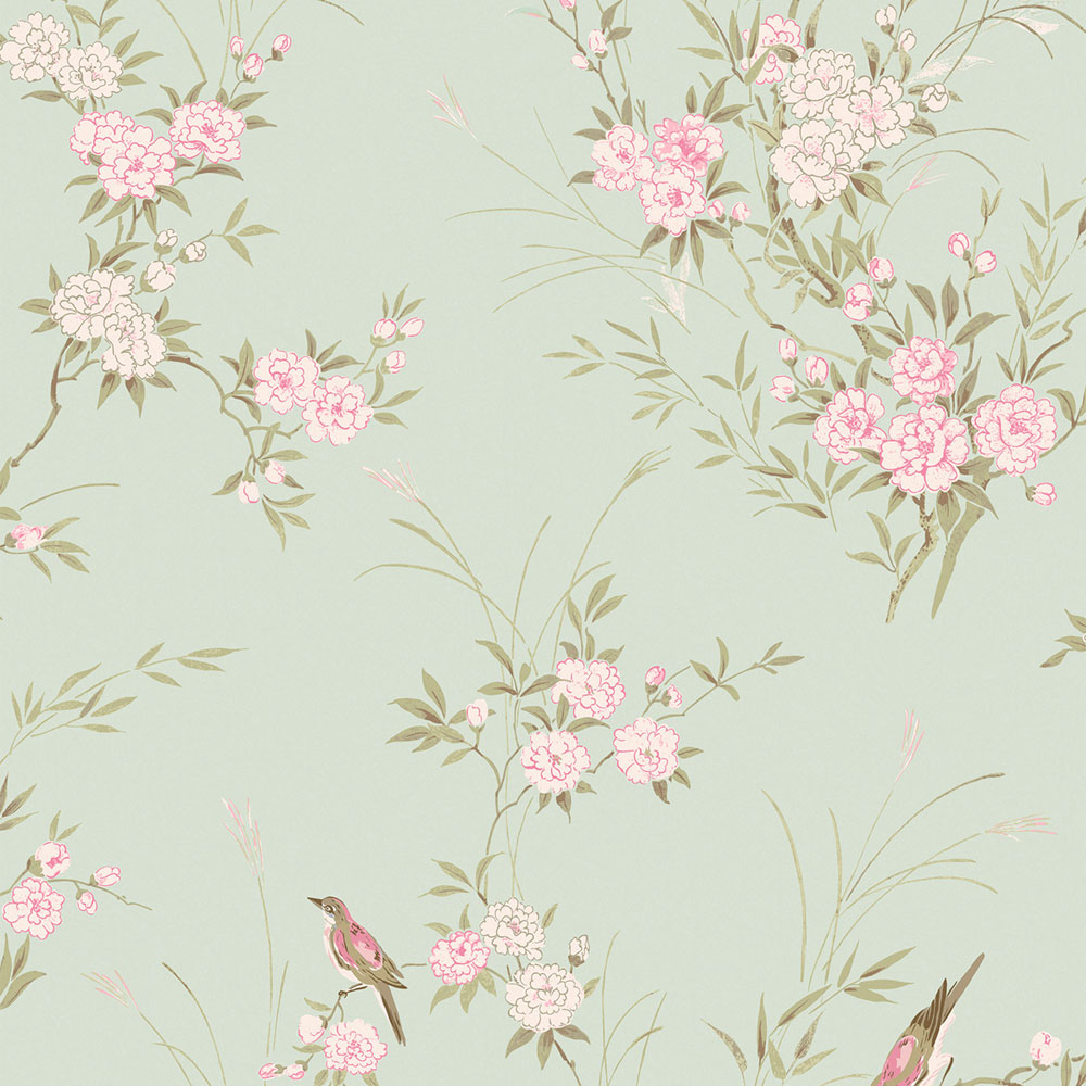Tapéta, zöld, virágok, madarak, 125120, Shabby Chic by Rachel Ashwell