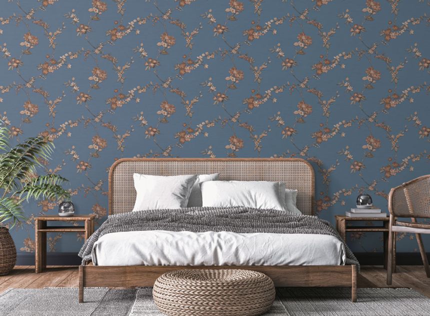 Luxus kék vlies tapéta virágos mintával FT221215, Fabric Touch, Design ID