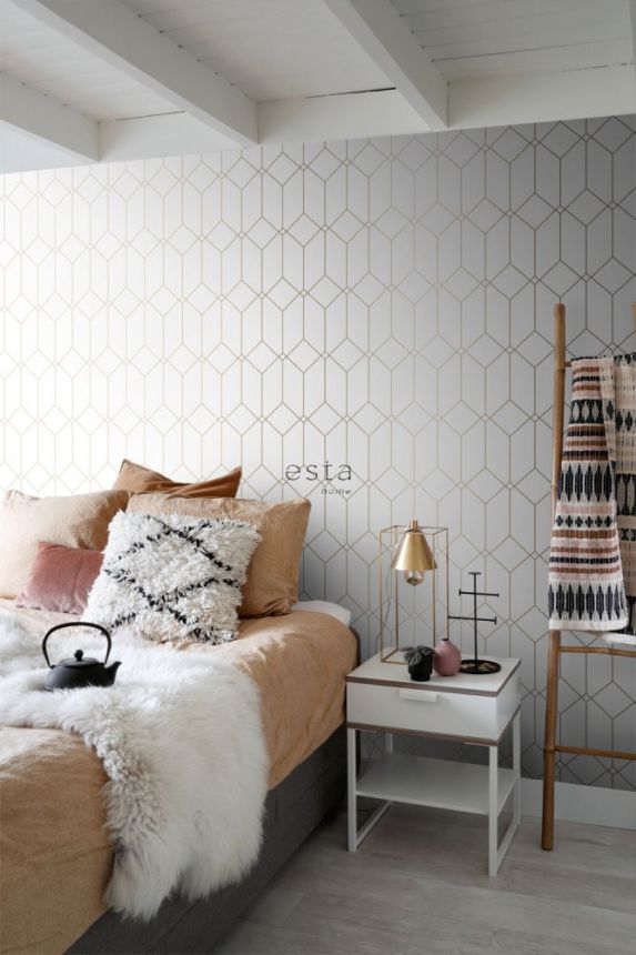 Fehér geometriai vlies fali tapéta, arany vonalak 139223, Art Deco, Esta