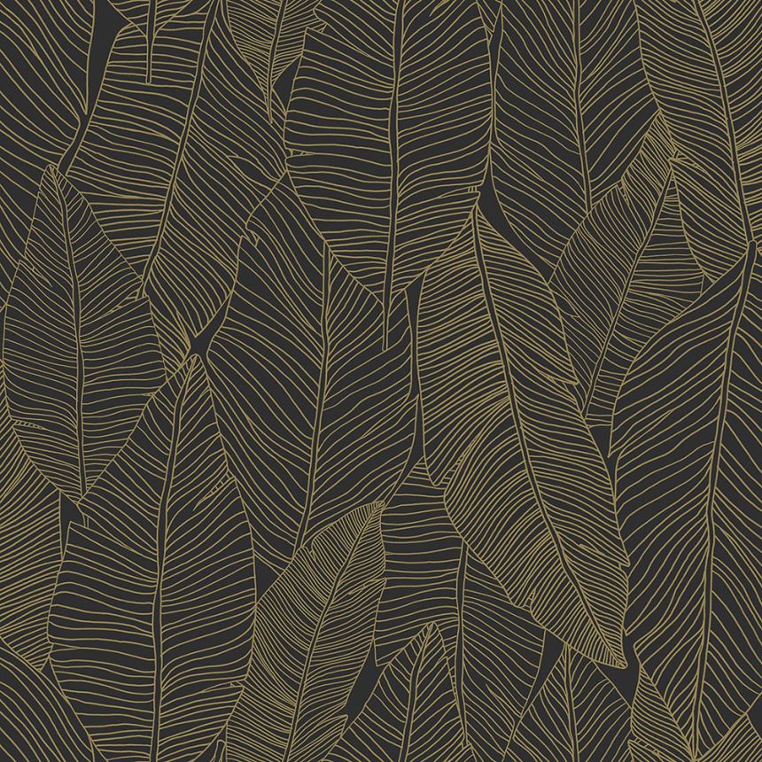 Fekete vlies tapéta, aranyszínű levelek körvonalaival 139126, Black & White, Esta