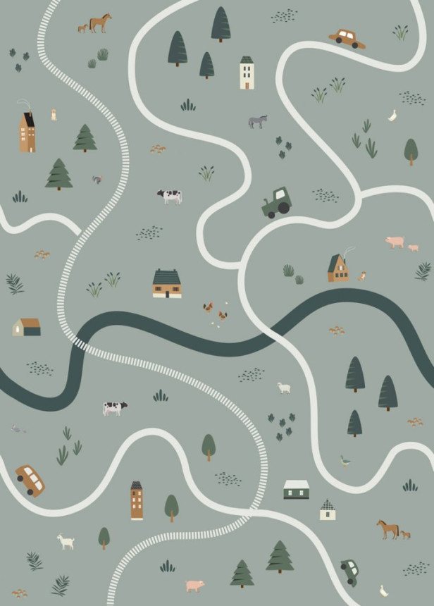 Vlies poszter tapeta Farm, utak, traktorok 159056, 200 x 279 cm, Forest Friends, Esta