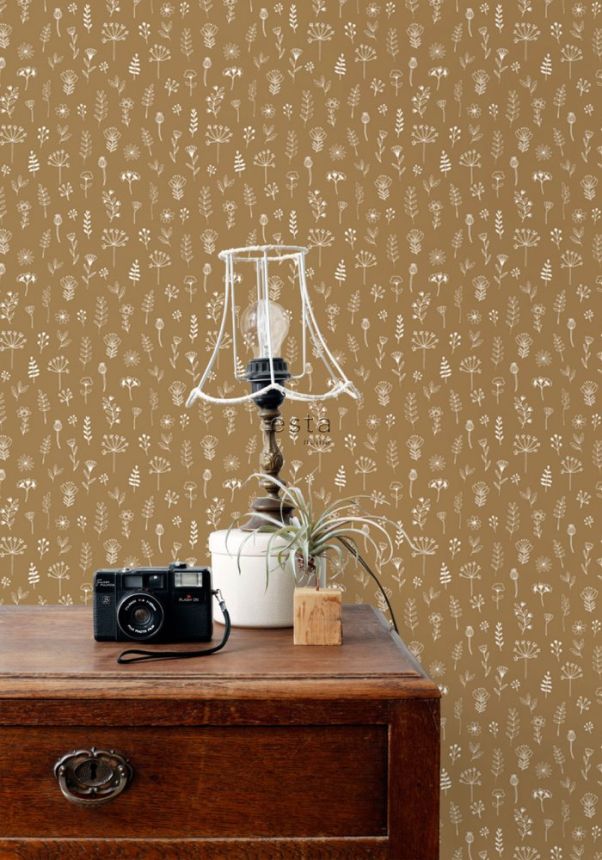 Sötét okker vlies tapéta, növények, virágok 139281, Forest Friends, Esta