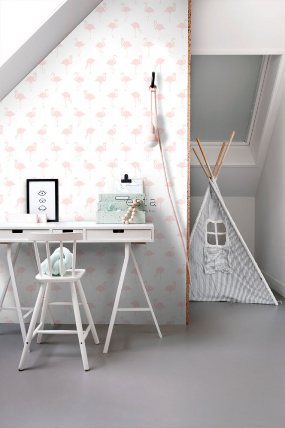 Vlies fehér tapéta rózsaszín flamingókkal 138918, Little Bandits, Esta