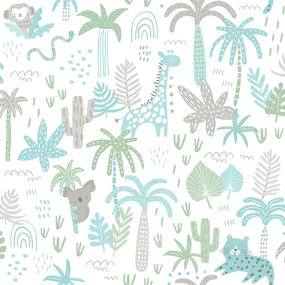 Papír gyerek tapéta állatokkal, pálmafákkal és levelekkel 454-1, Pippo, ICH Wallcoverings