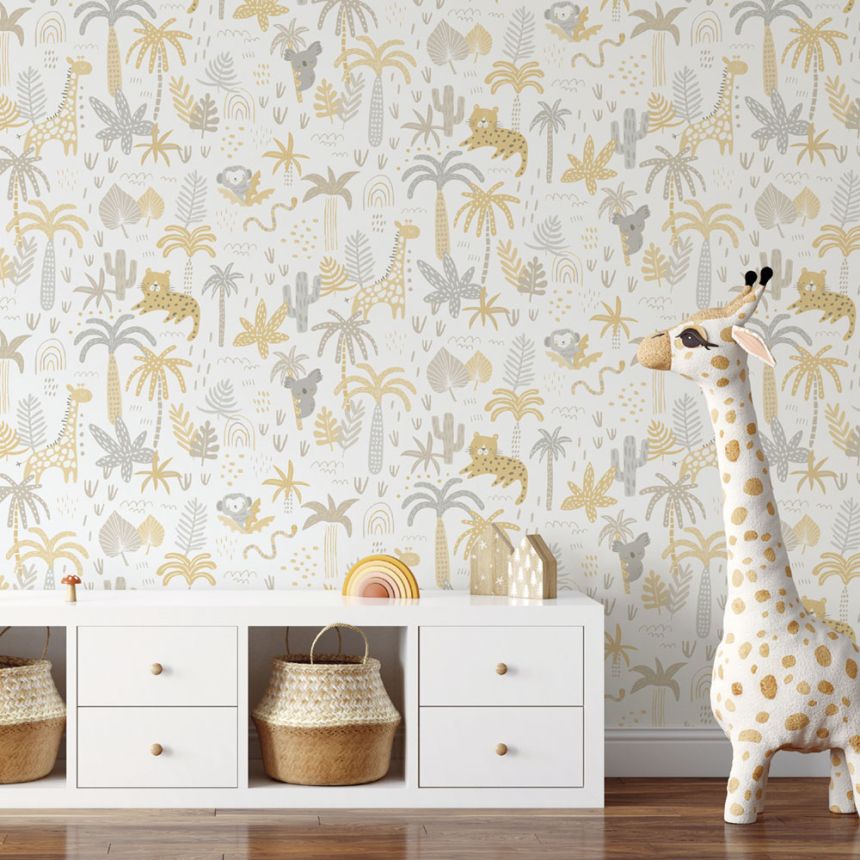 Papír gyerek tapéta állatokkal, pálmafákkal és levelekkel 454-1, Pippo, ICH Wallcoverings