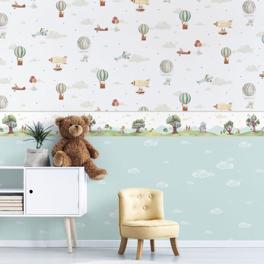 Papír gyerek tapéta állatokkal, repülőgépekkel, léggömbökkel 456-1, Pippo, ICH Wallcoverings