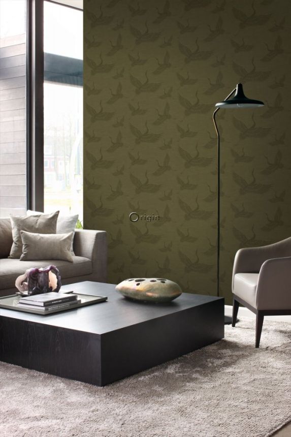 Vlies zöld/khaki tapéta - madarak, darvak - szövet textúra 347758, Natural Fabrics, Origin